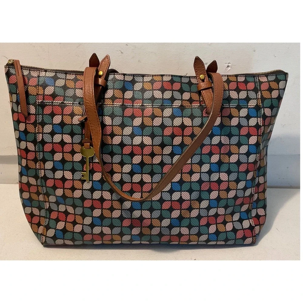 Fossil Rachel Tote Bag PVC Multicolor Fall Geometric Print Coated Canvas ZB7305